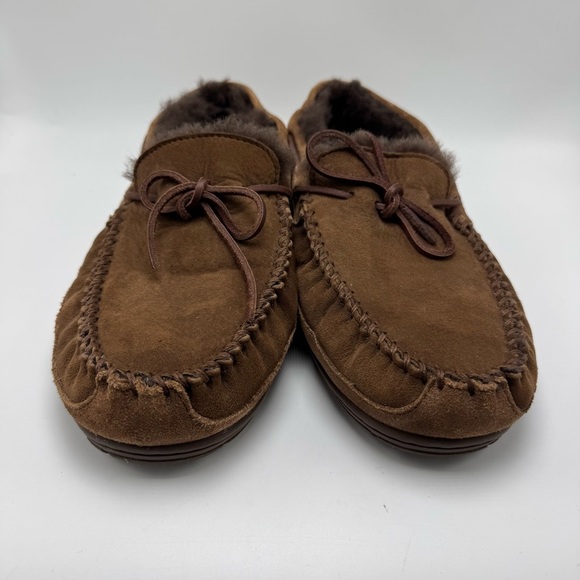 LL Bean Wicked Good Slippers Brown Suede Leather Size 13 Wide Shearling Cozy - Picture 2 of 9